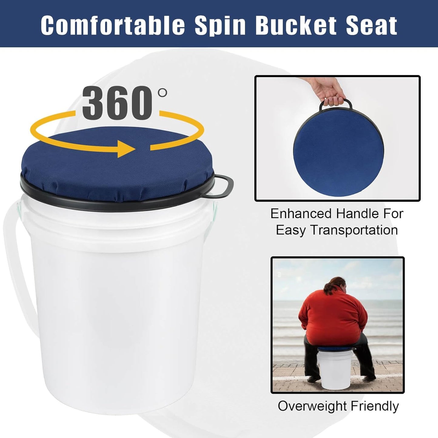 360-Degree Swivel Bucket Seat, 5 Gallon Bucket Lid, Spin Bucket Seat Cushion, Silent, Comfortable, Water-Resistant, for Fishing, Gardening, Hunting and Camping (Dark Blue)