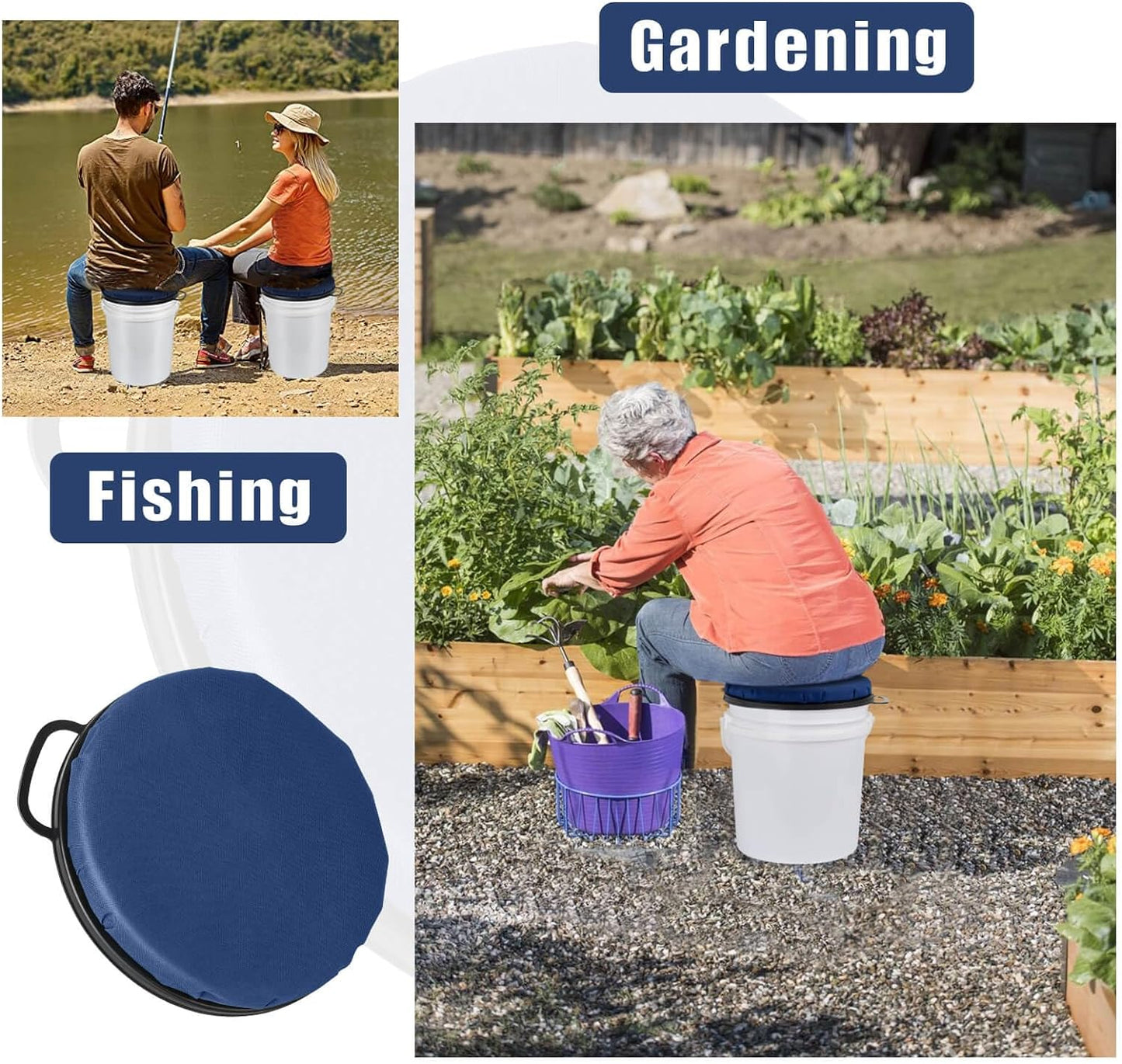 360-Degree Swivel Bucket Seat, 5 Gallon Bucket Lid, Spin Bucket Seat Cushion, Silent, Comfortable, Water-Resistant, for Fishing, Gardening, Hunting and Camping (Dark Blue)