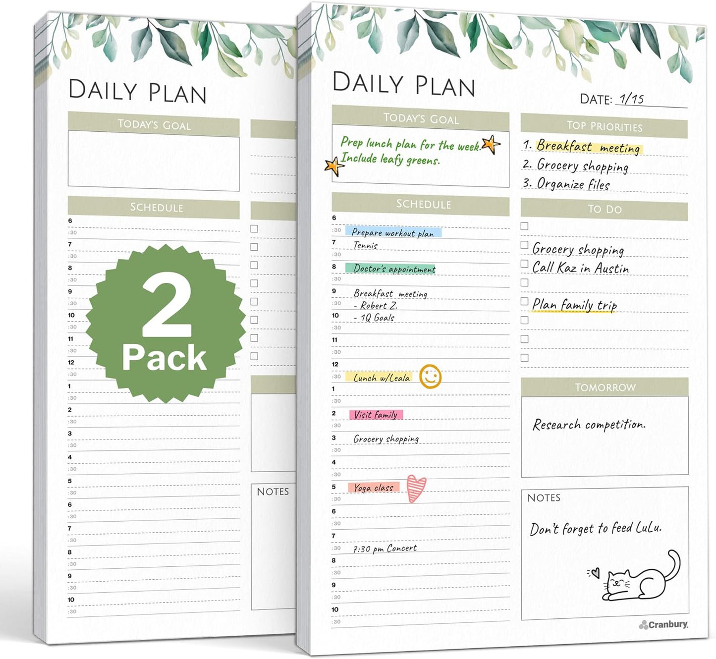 Daily Planner Notepad 2-Pack (5.5X8.5), 54 Tear-Off Pages, Undated Daily to Do List Planner Pad, Personal Planner, Time Block Planner, with Daily Scheduler, Priorities, Notes